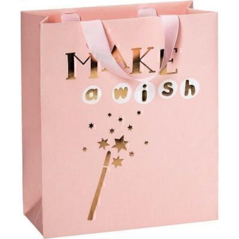 Brighten someone''s day with this beautiful soft pink Make a wish gift bag by Swiss designer Stewo.With matching ribbon handle and hot foil stamping this bag has all the quality and detailing you would expect from Stewo. Size 18x21x8cm